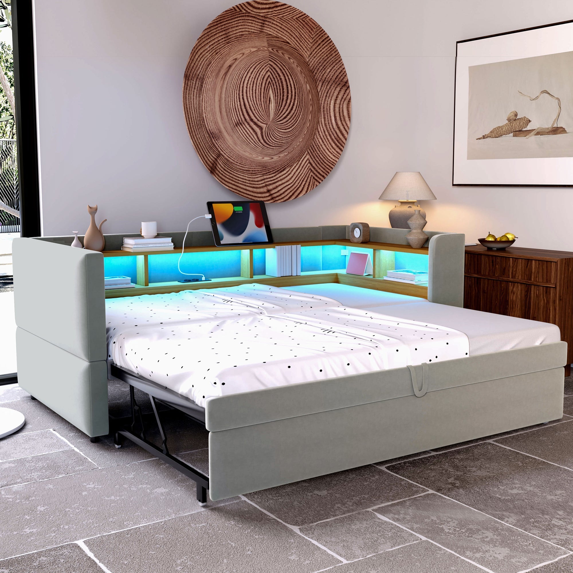 Upholstered Sofa Bed Extendable 90/180x190cm LED Lights Storage Light Grey