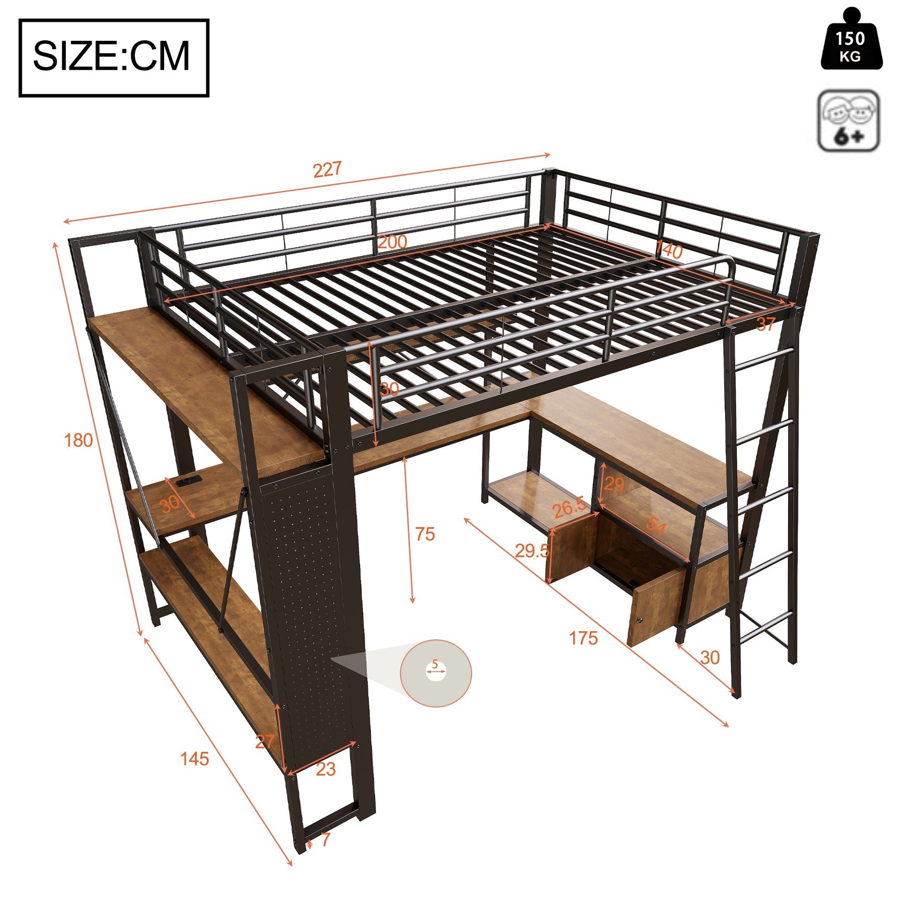 Loft Bed 140x200cm Iron Frame with Desk LED Light Strip USB Port Black