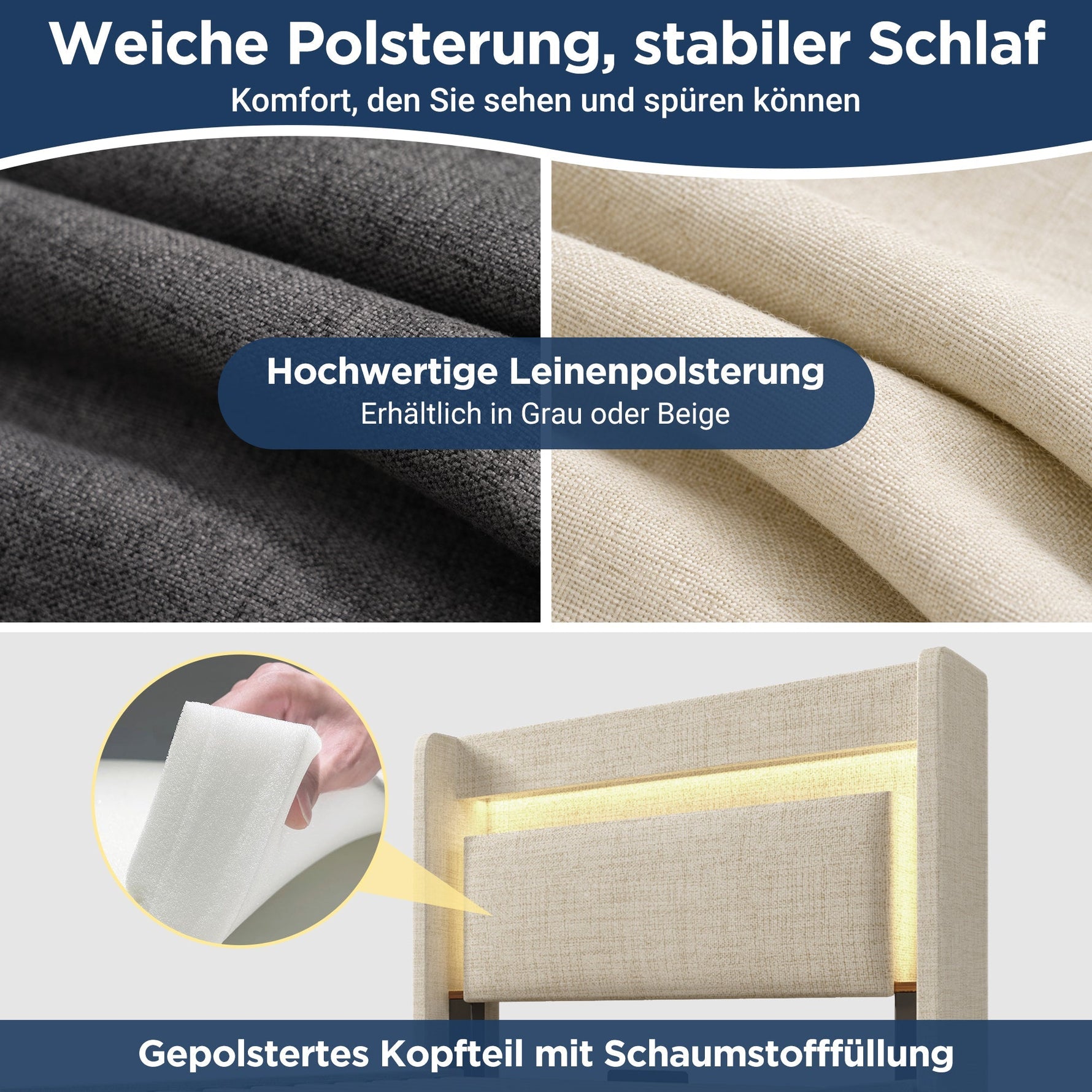 Upholstered Bed with Hydraulic Storage and LED Headboard, 90x200 cm with Mattress, Beige Linen