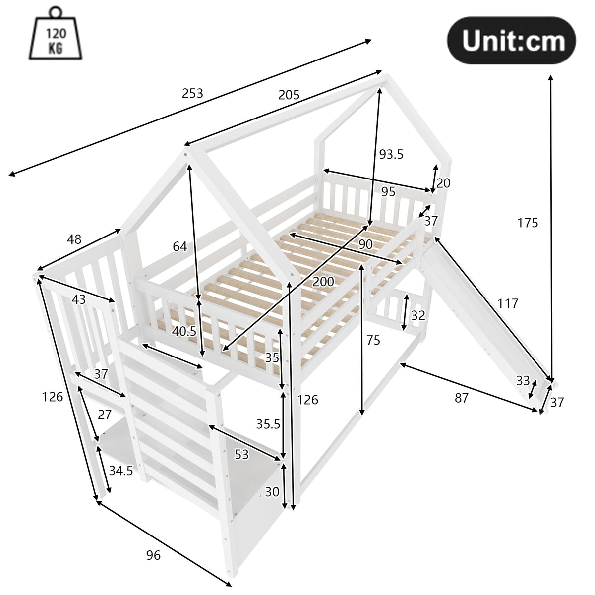 Bunk Bed House 90x200cm Storage Stairs Slide Railing - White
