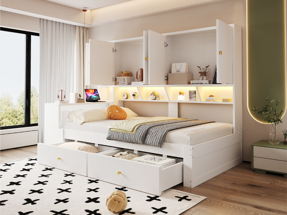 Multifunctional Bed 90x200cm with Desk, LED & Storage - White