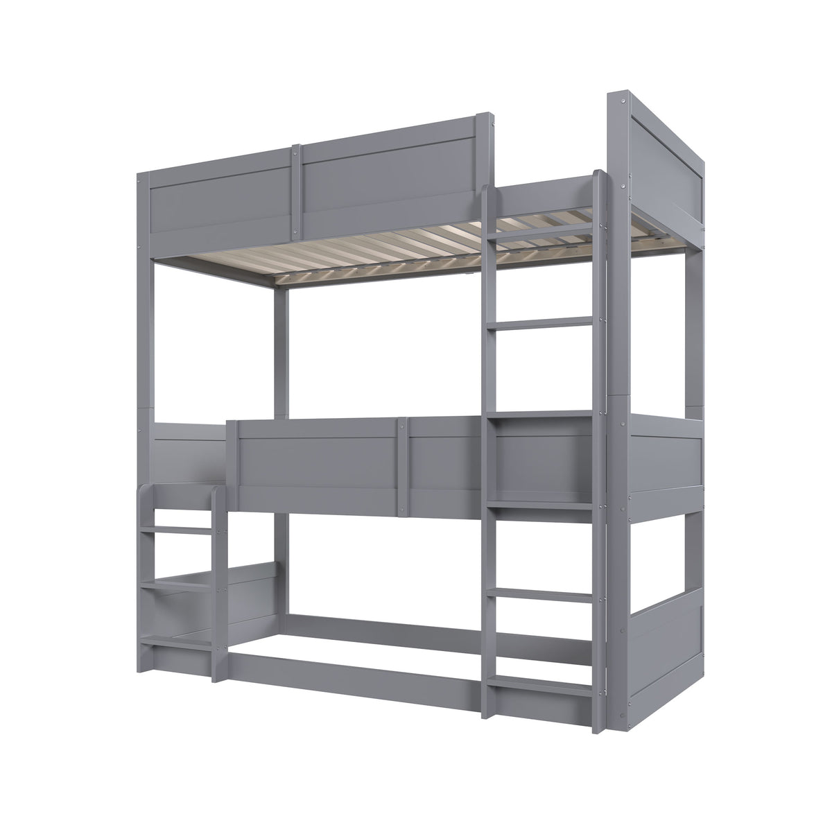 Triple Bunk Bed 90x200 cm with High Fence & Slats, Grey Wood