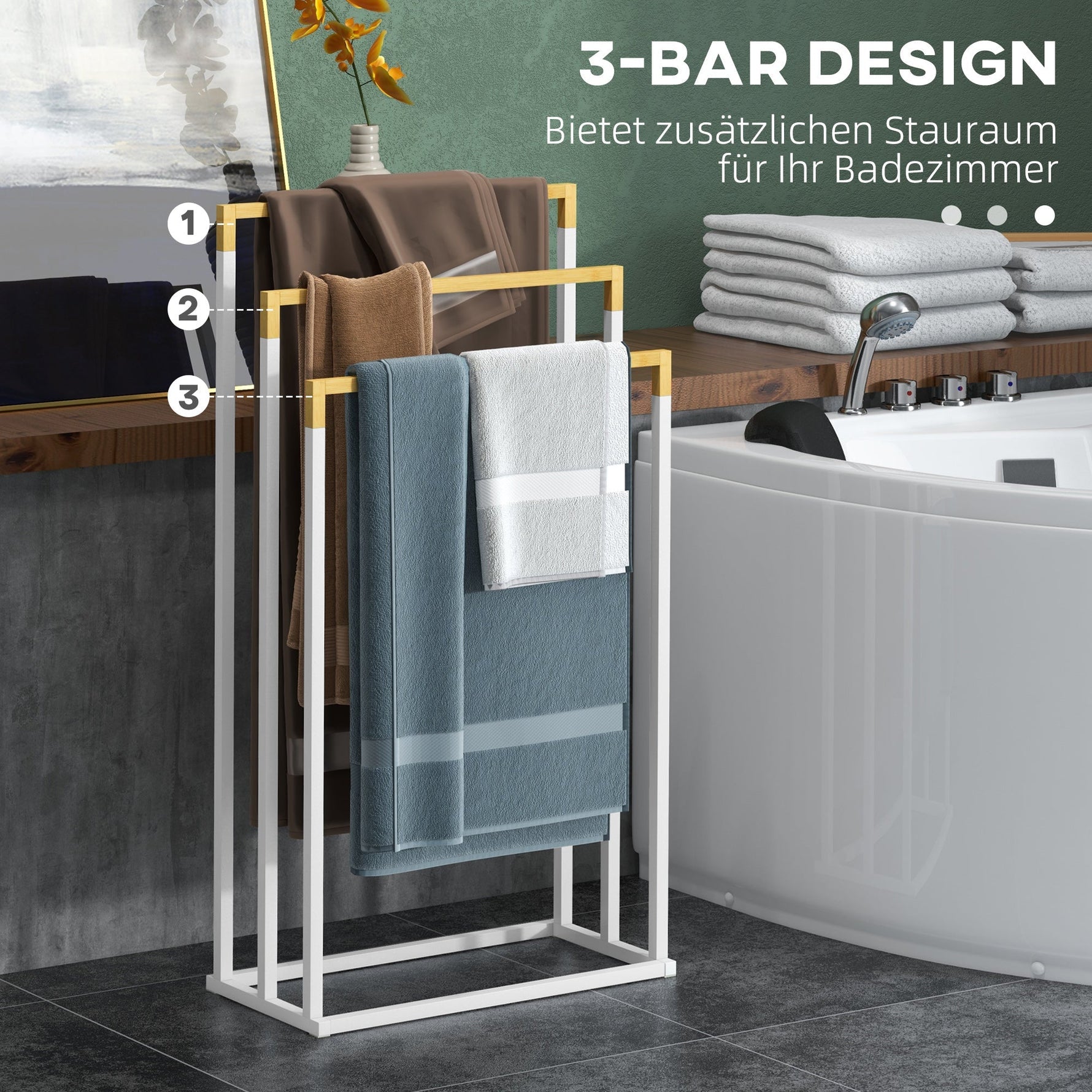 Freestanding Towel Rack, 3 Bars Bathroom Towel Holder, Steel and Bamboo, White