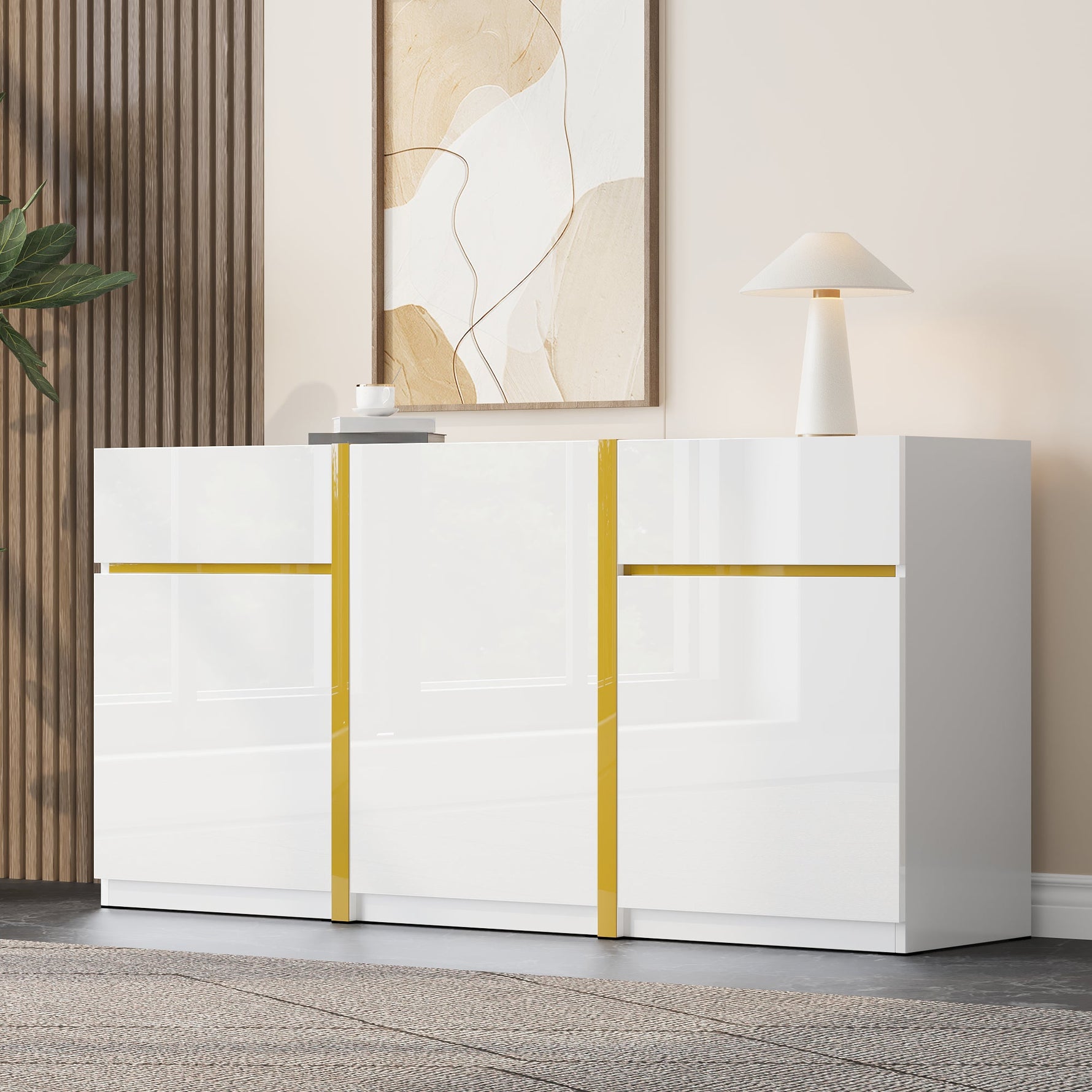 Luxurious Sideboard with 3 Doors and 2 Drawers, High-Gloss Lacquer Finish, White Wood