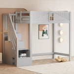 Solid Wood Loft Bed with Safety Door and Storage Ladder, 90 x 200 cm, Grey