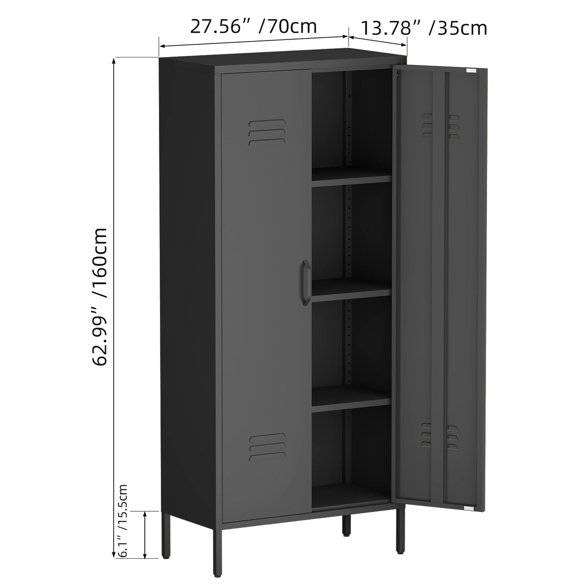Metal Storage Cabinet with Doors and Adjustable Shelves, Black Metal