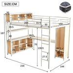 Iron Loft Bed, Double Storage, Wardrobe, White & Natural Iron