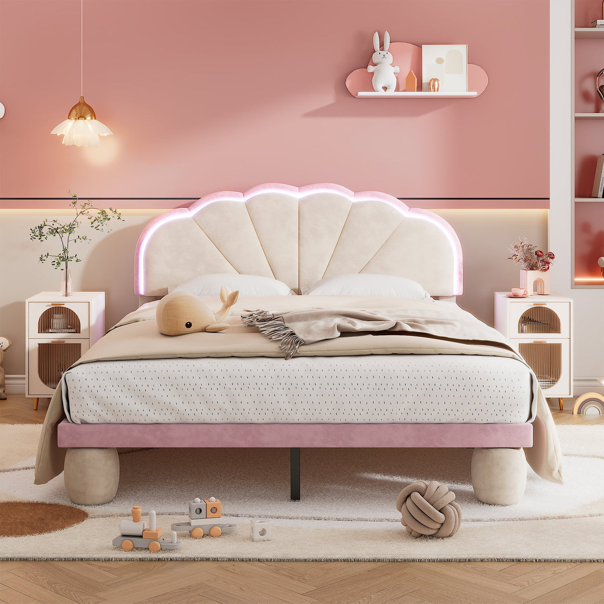 Upholstered Bed with Light Stripes, Scalloped Headboard & Round Legs, Velvet Beige+Pink