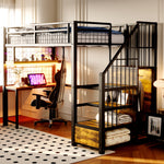 Metal Loft Bed 90x200cm Storage Ladder Wardrobe Desk Light & USB - Black