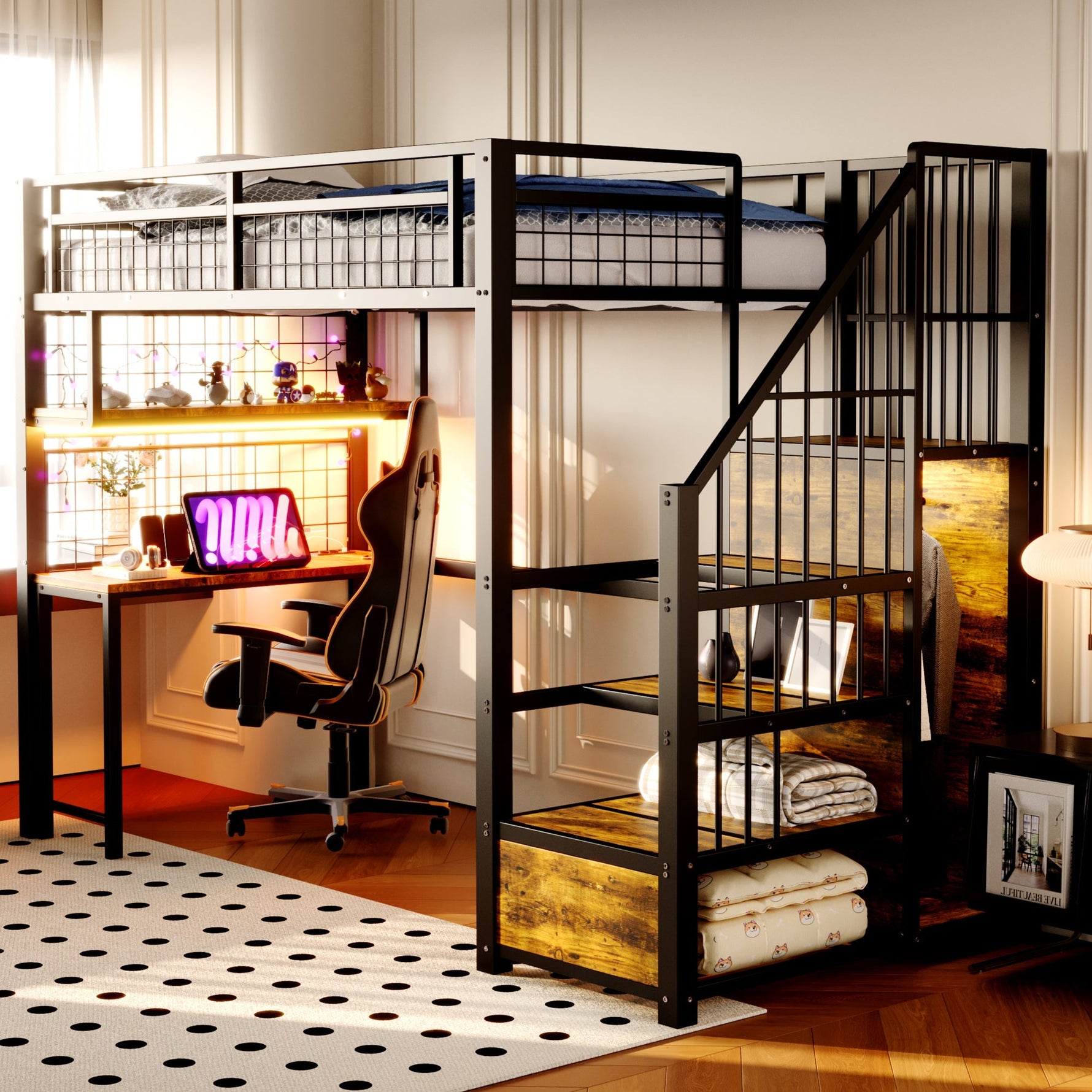 Metal Loft Bed 90x200cm Storage Ladder Wardrobe Desk Light & USB - Black
