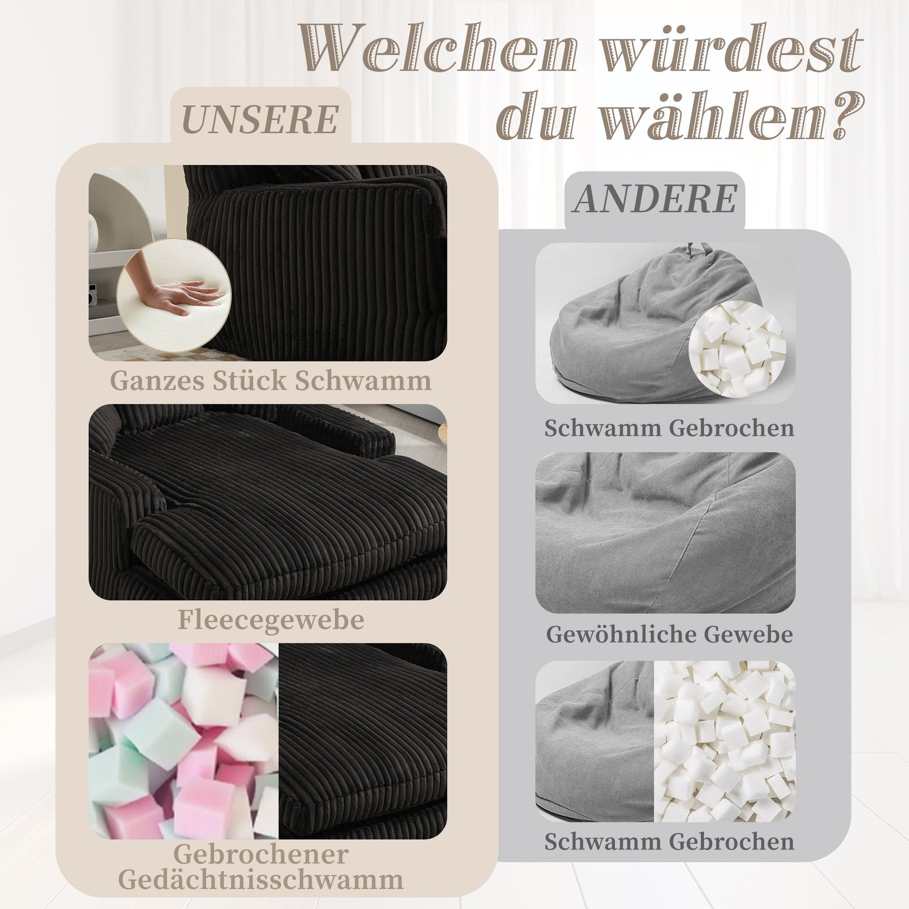 Sofa Bed, Cloud Couch with 3 Soft Pillows, Single Seat, Corduroy Black