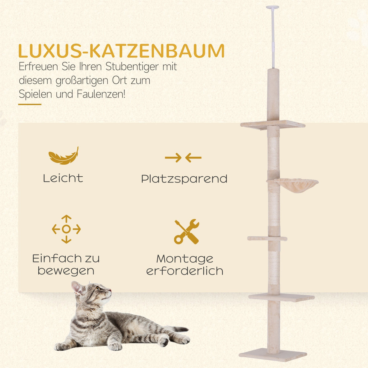 Cat Tree, Height Adjustable Climbing, Sturdy, Beige