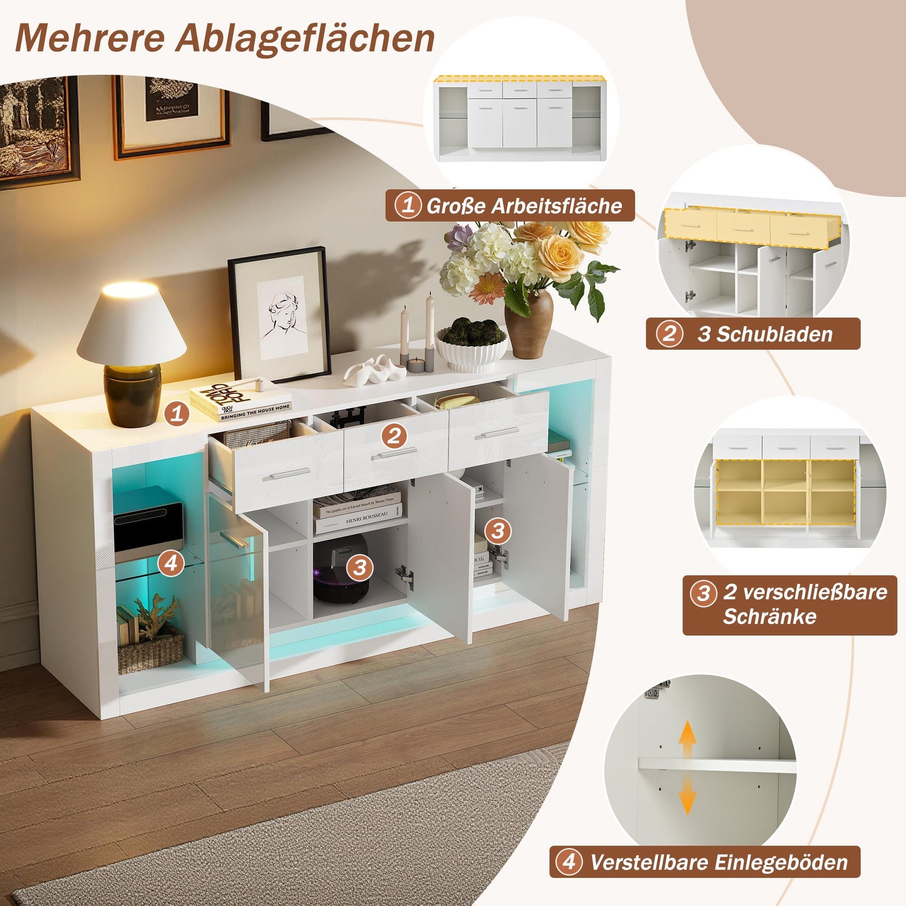 High-Gloss Sideboard 160cm with LED Light and 3 Drawers - White