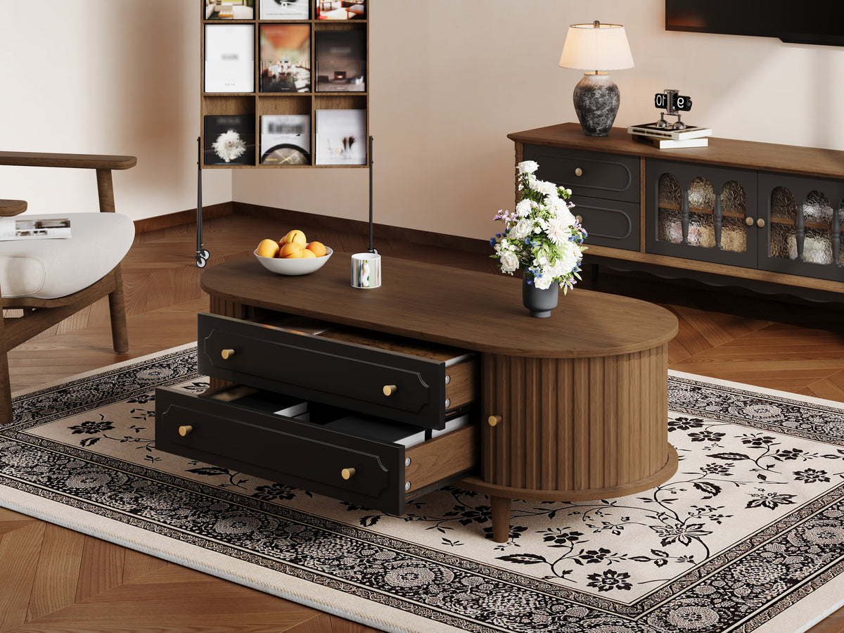 Coffee Table with 2 Drawers and Roll-up Doors, Walnut and Black