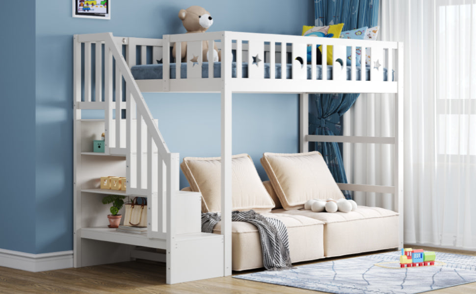 Bunk Bed, 90x200 with Stairs, Loft, Solid Wood, White