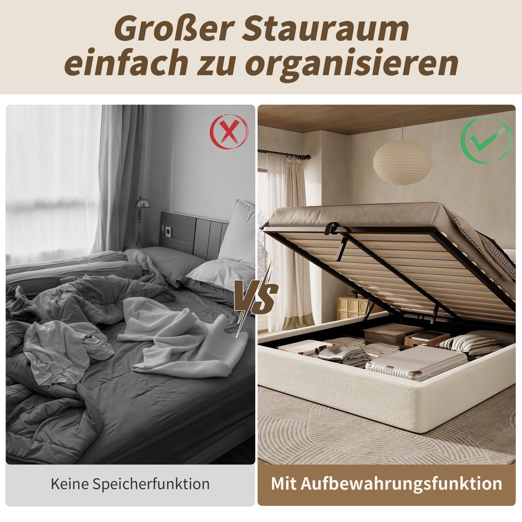 Upholstered Double Bed, 180x200cm Hydraulic Storage Headboard, Beige Bouclé
