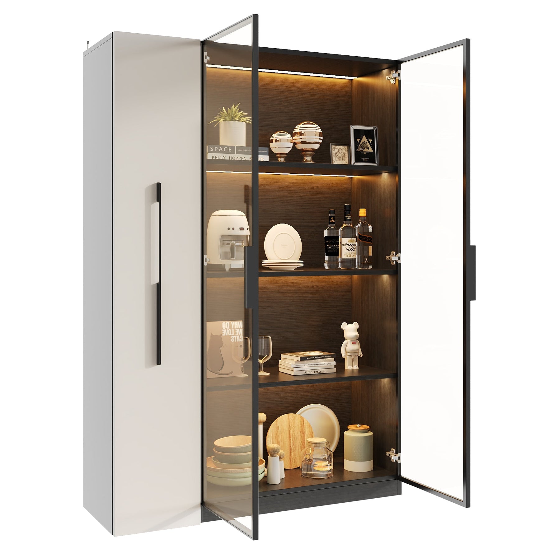 Multifunctional Cabinet 110.5x35x160cm LED Glass Door Pull-out Drawer Rolling - White/Black