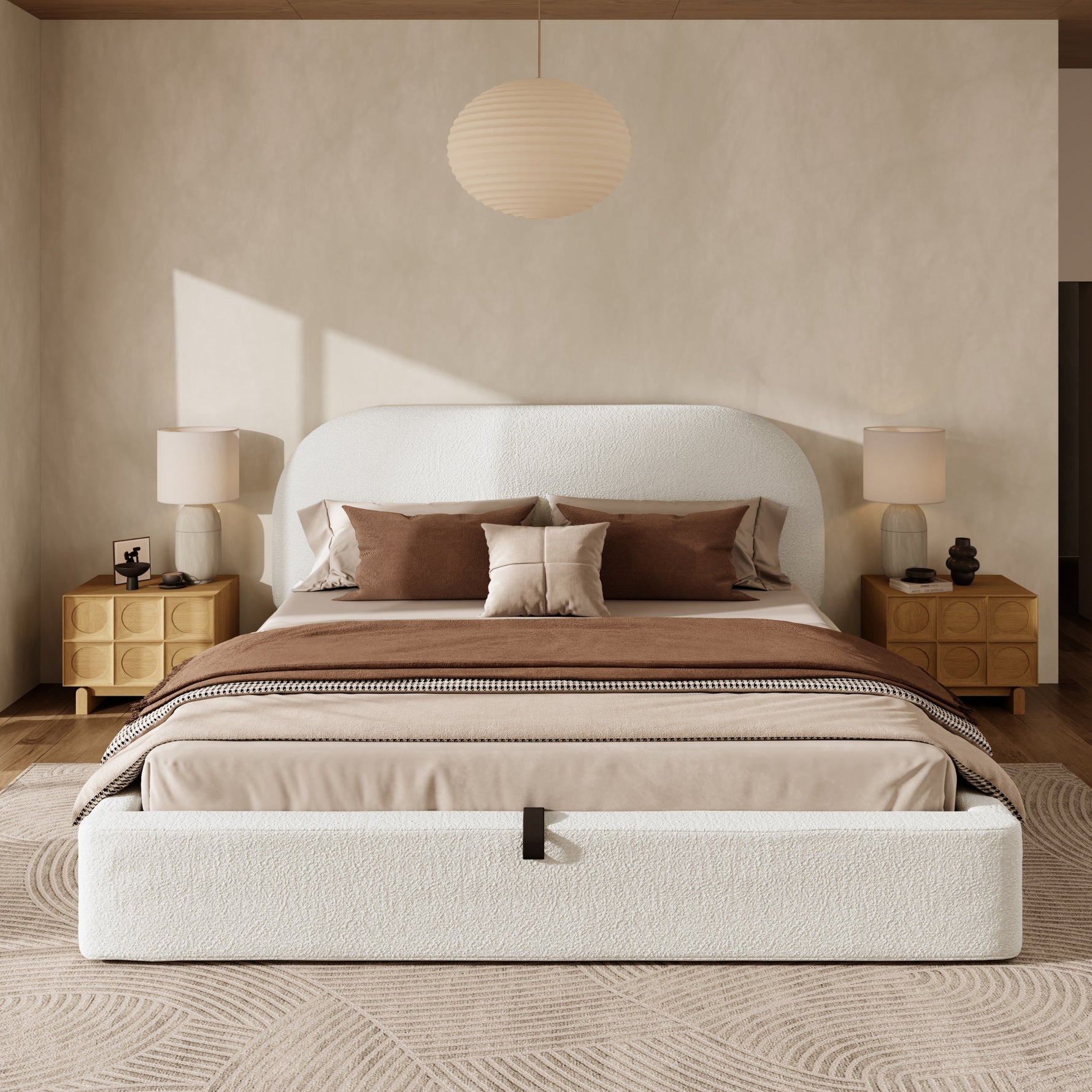 Upholstered Double Bed 180x200cm with Hydraulic Storage and Slatted Base, Beige Bouclé