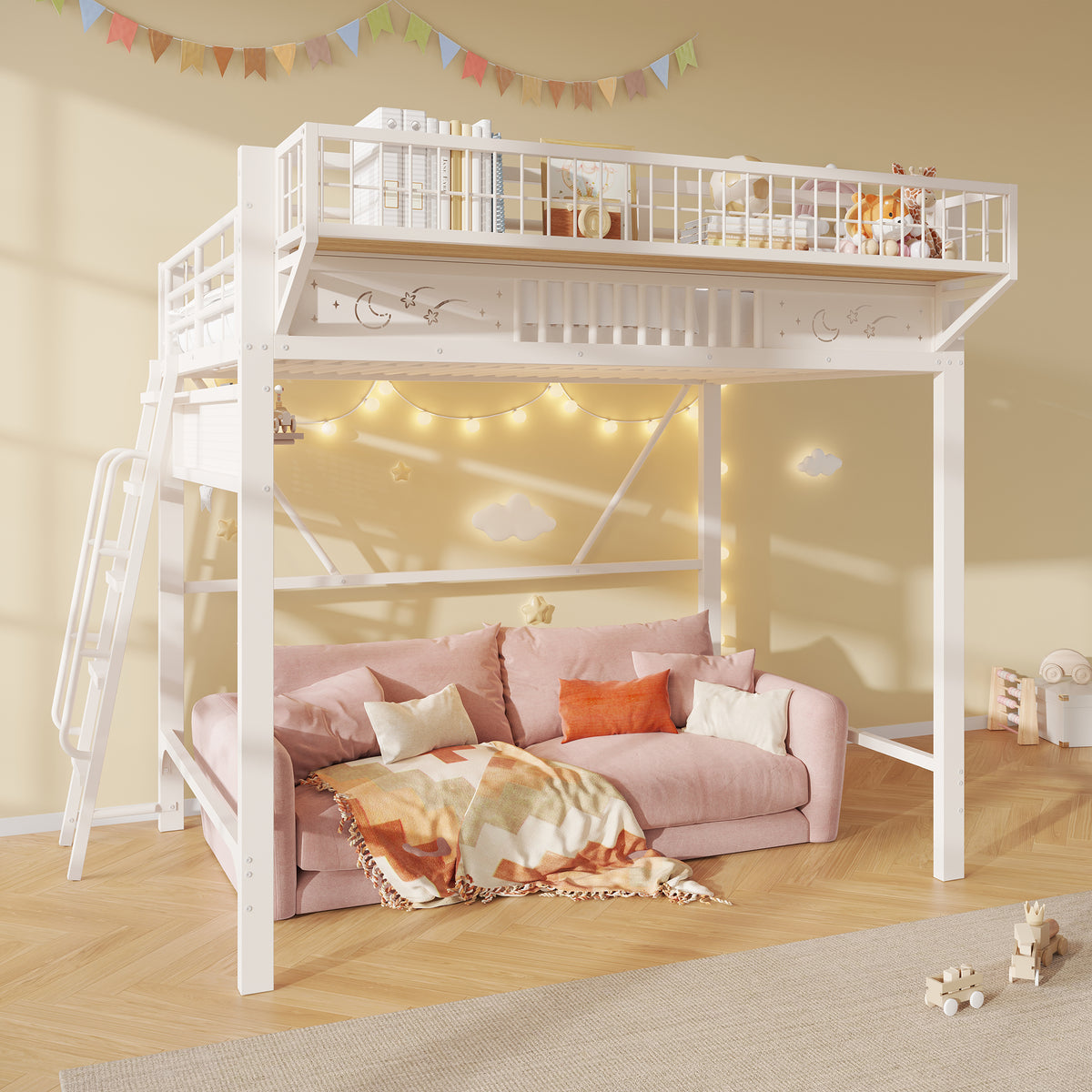 Loft Bed 140x200cm with Storage Compartments, Metal Frame, White