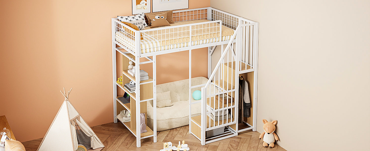 Multifunctional Loft Bed 90x200cm Storage Shelves Stairs, Metal White
