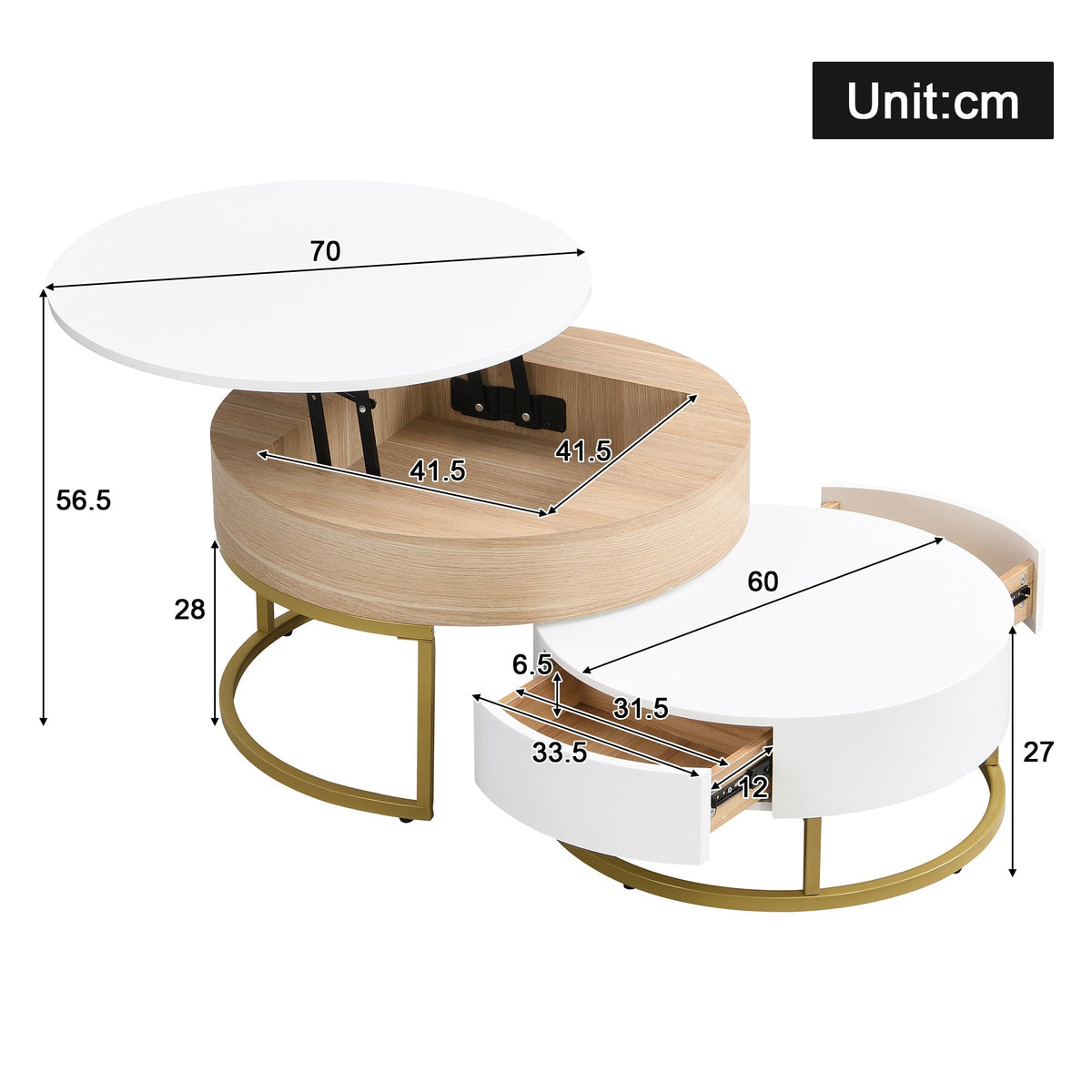 Nesting Table, Fold-Up Coffee & Side Table with Two Drawers, 2-Piece Set, Golden