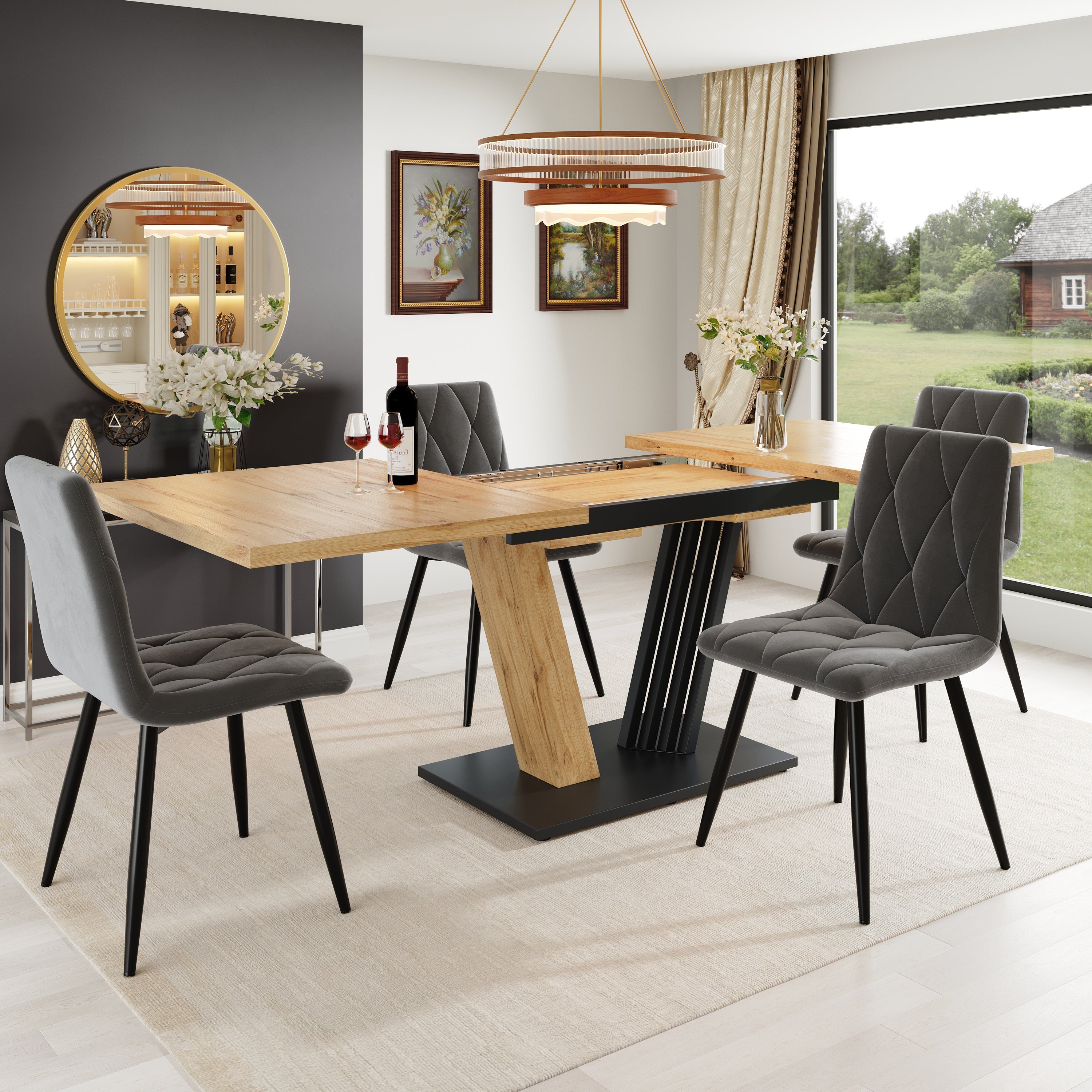 5-Piece Dining Set with Extendable Table and 4 Chairs, Grey Velvet