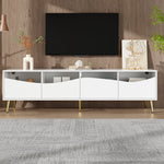 Modern TV Cabinet 180x50cm LED Lighting Glass Front Storage Lowboard White Gold Metal