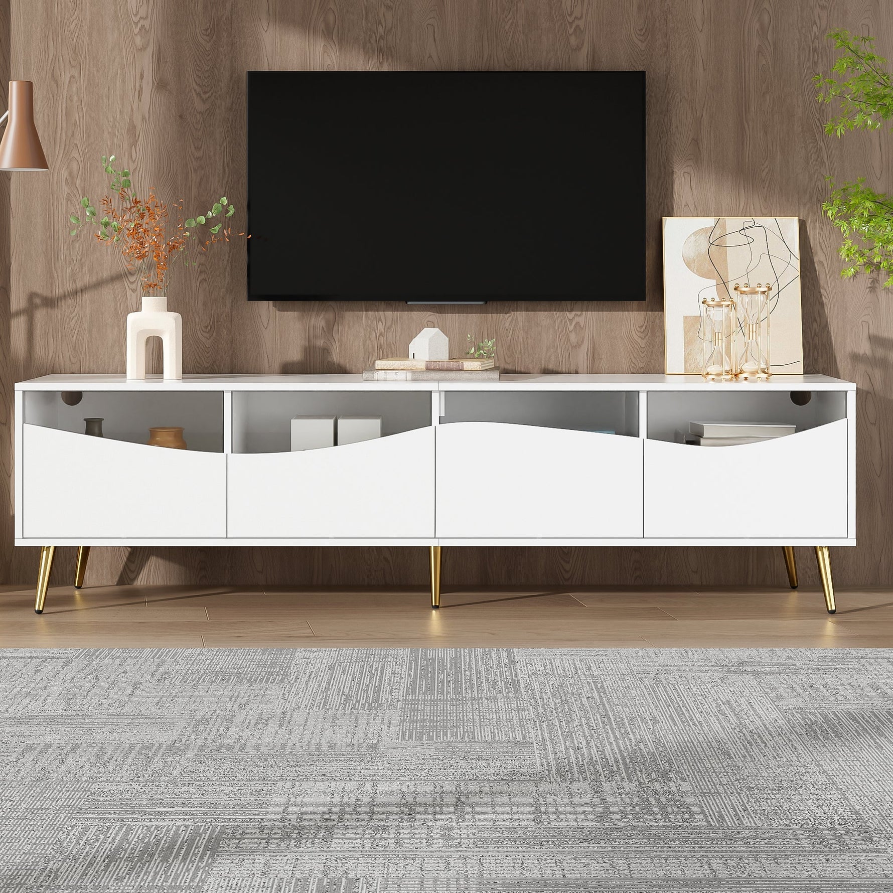 Modern TV Cabinet 180x50cm LED Lighting Glass Front Storage Lowboard White Gold Metal