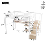 Loft Bed 140x200cm with Ladder Cabinet & LED, White Metal