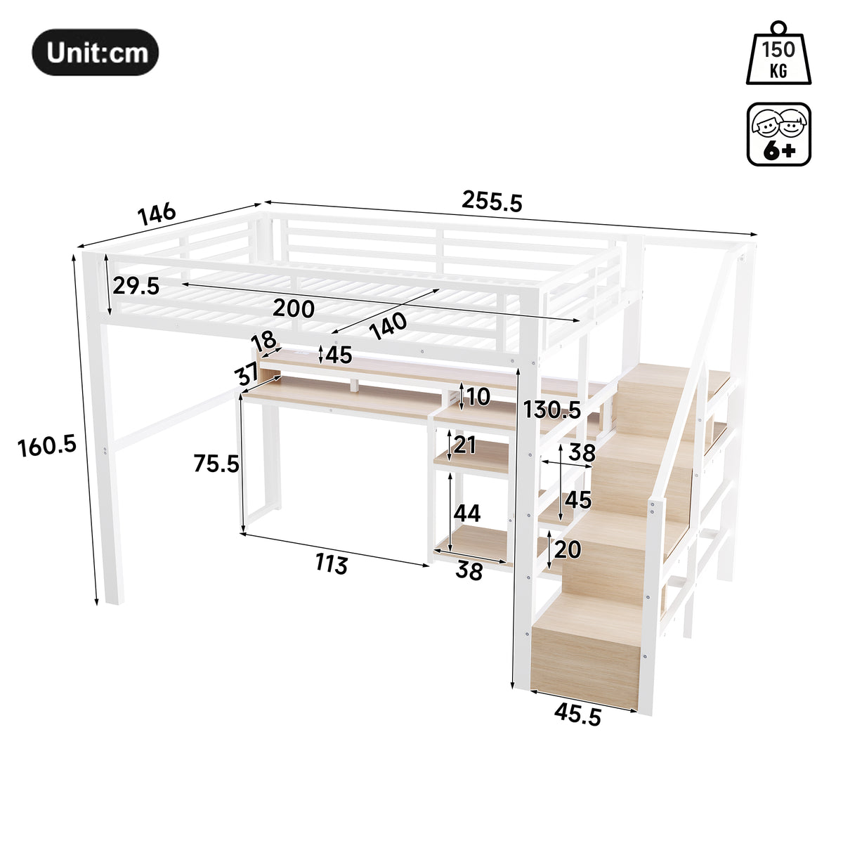 Loft Bed 140x200cm with Ladder Cabinet & LED, White Metal