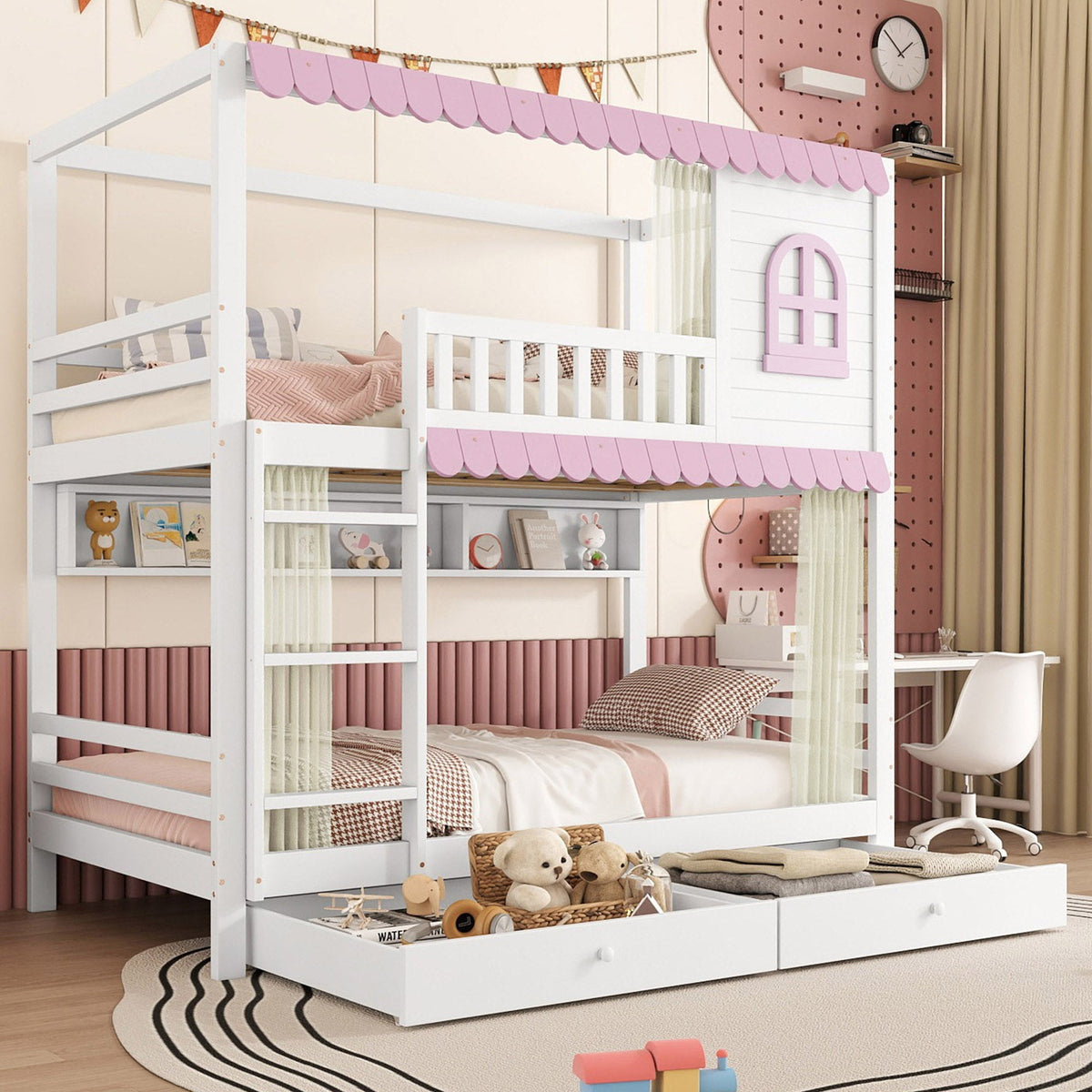 Bunk Bed, Children's with Windows, Curtains, Safety Gate & Storage, Pine + MDF, White + Pink