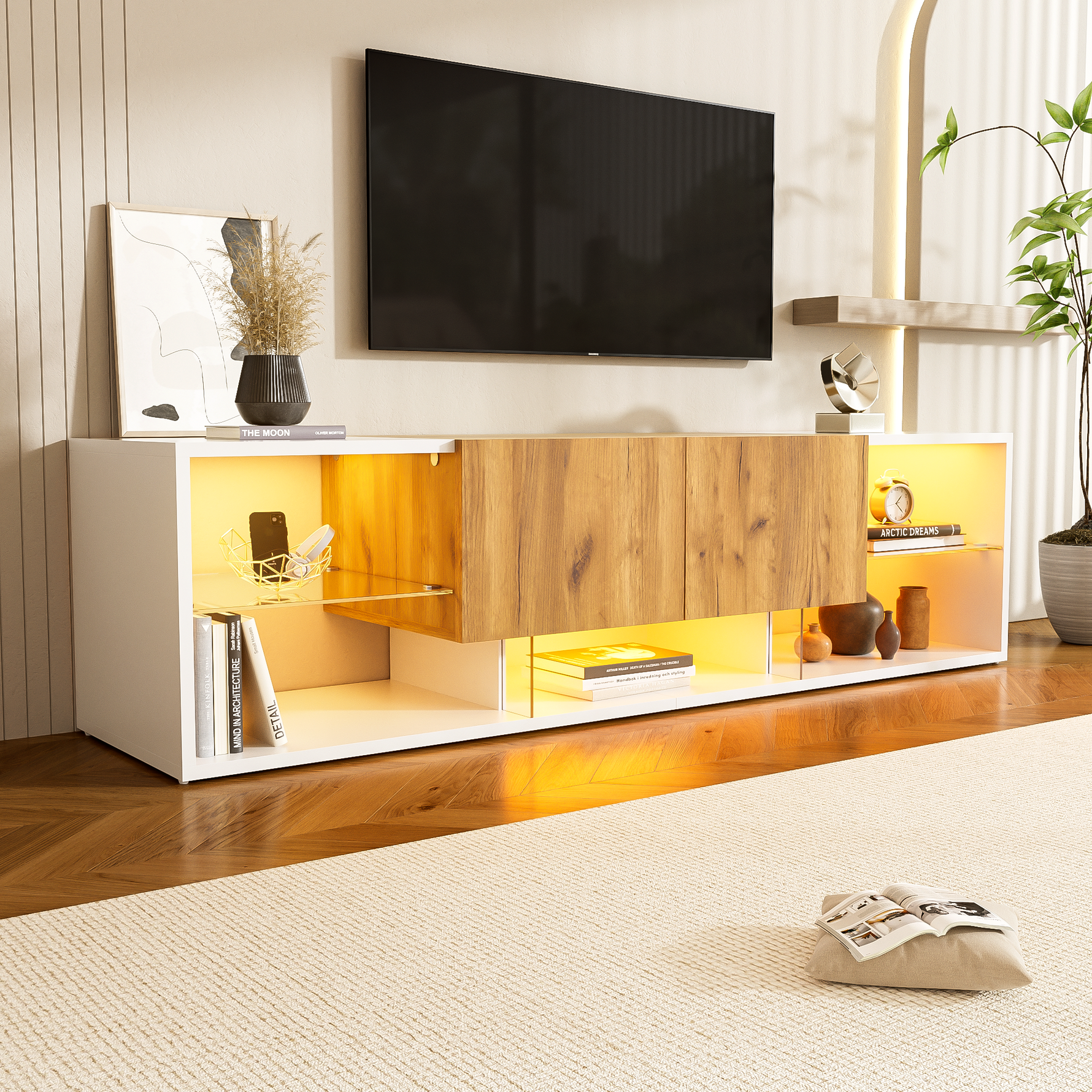 TV Console Cabinet 3-Tier Entertainment Center Glass Shelf 2 Drawers, White