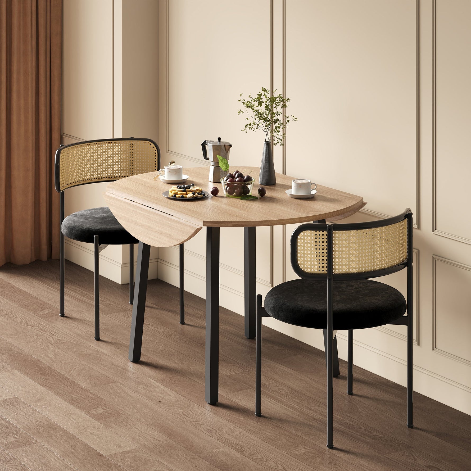 Folding Dining Table, Round 100x100cm, 2-4 Person, Metal Legs, Folding Top, Oak Color