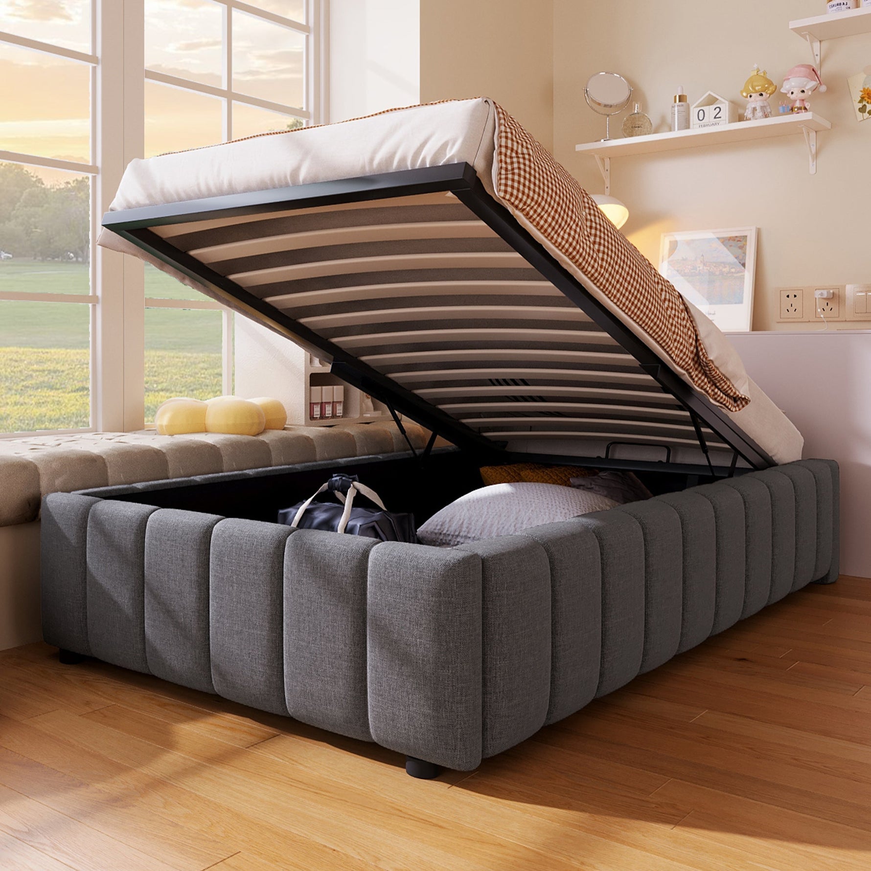 Upholstered Bed with Hydraulic Storage and 90x200cm Base, Grey