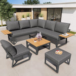 L-shaped Garden Sofa Set Weatherproof 7-Seater Corner Lounger Wooden Armrests Iron Grey/Beige