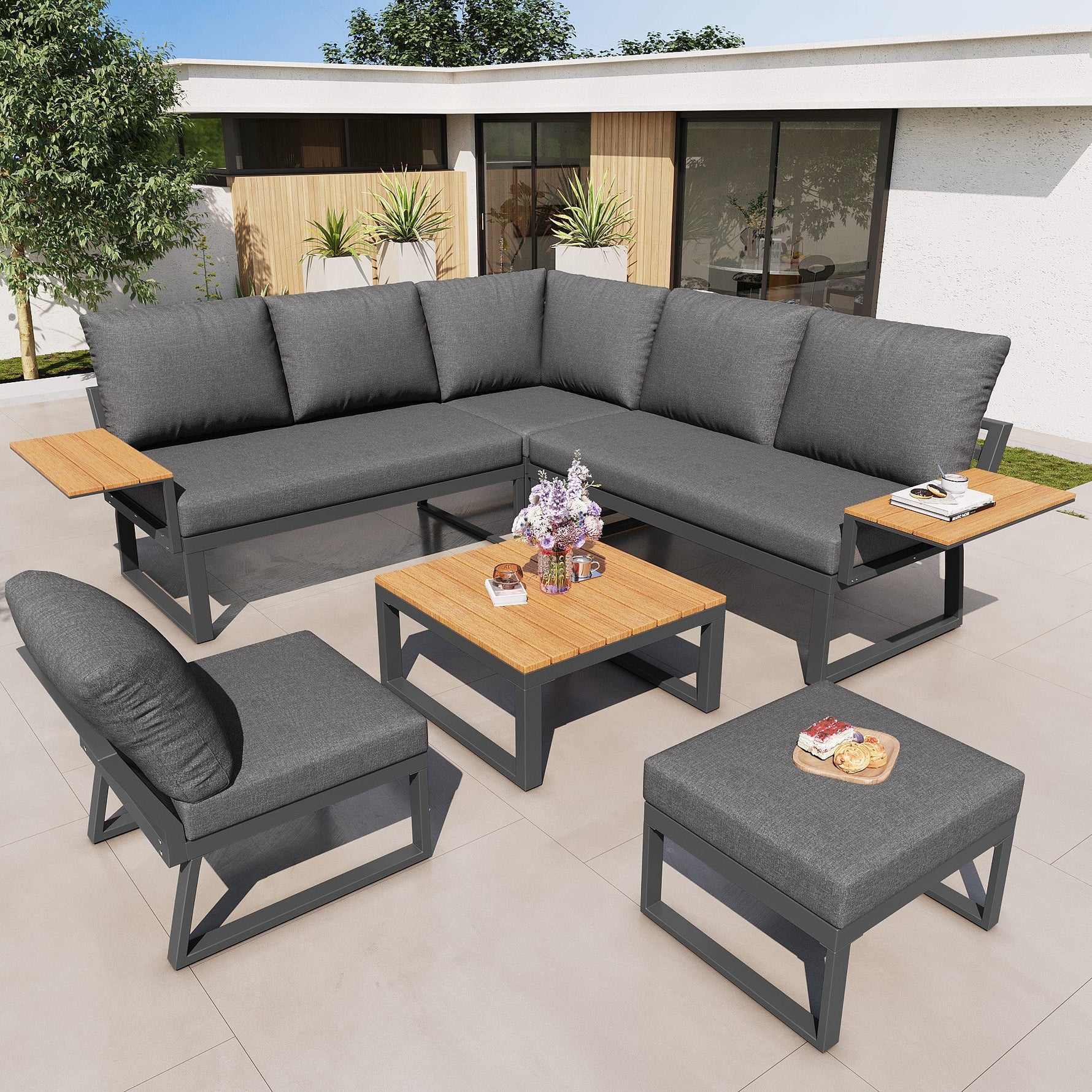 L-shaped Garden Sofa Set Weatherproof 7-Seater Corner Lounger Wooden Armrests Iron Grey/Beige