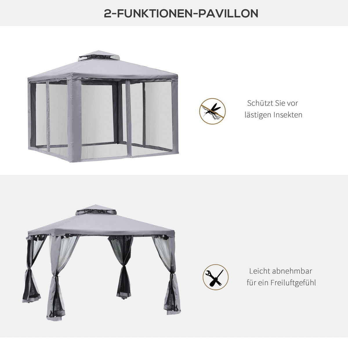 Garden Pavilion Party Tent 3x3m 4 Side Walls Weatherproof Metal/Polyester Light Grey