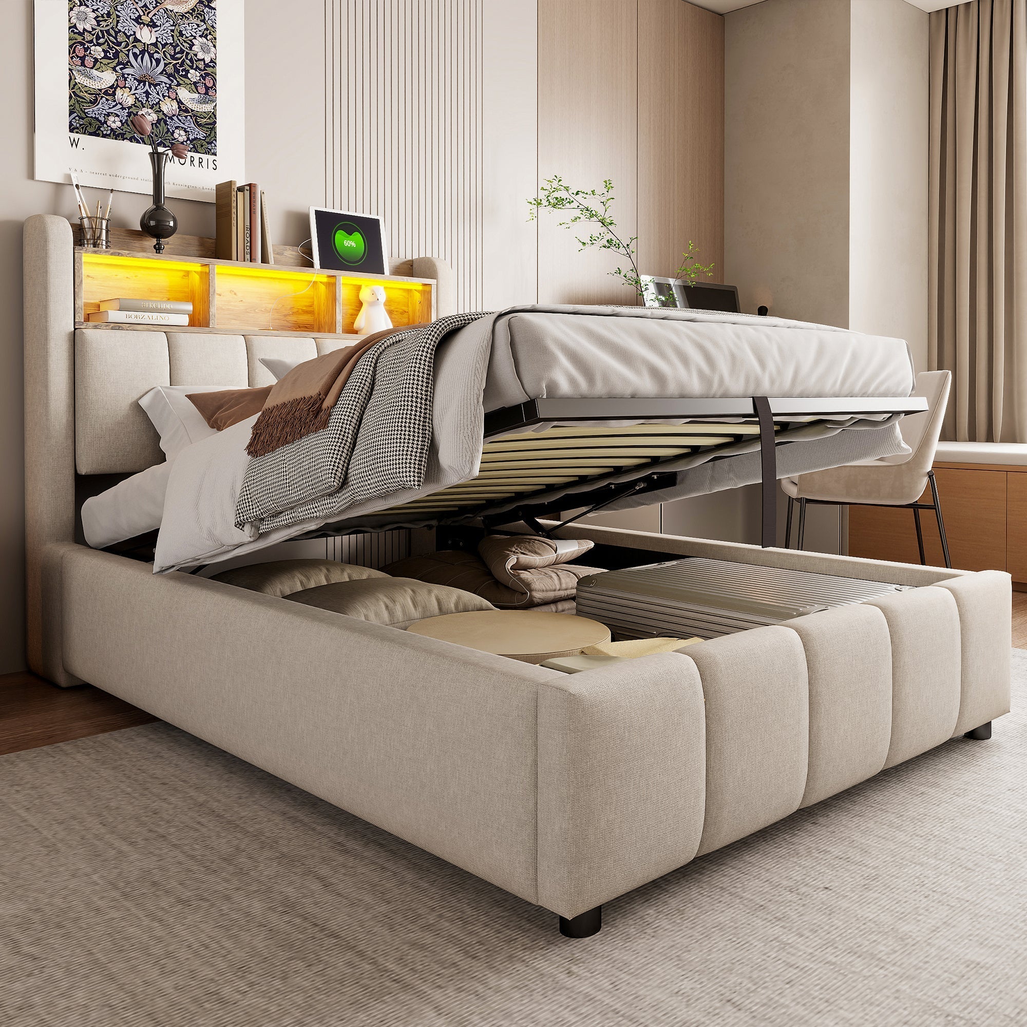 Children's Upholstered Bed 90x200cm LED USB Hydraulic Storage Headboard Shelves - Linen Beige