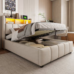 Children's Upholstered Bed 90x200cm LED USB Hydraulic Storage Headboard Shelves - Linen Beige