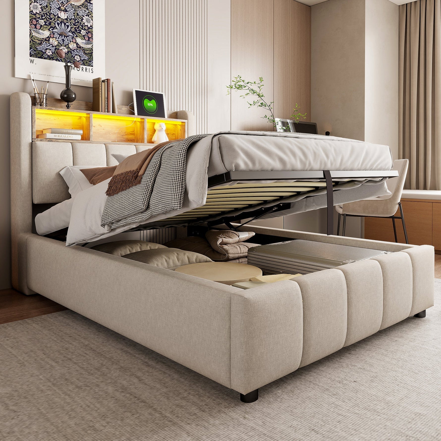 Children's Upholstered Bed 90x200cm LED USB Hydraulic Storage Headboard Shelves - Linen Beige
