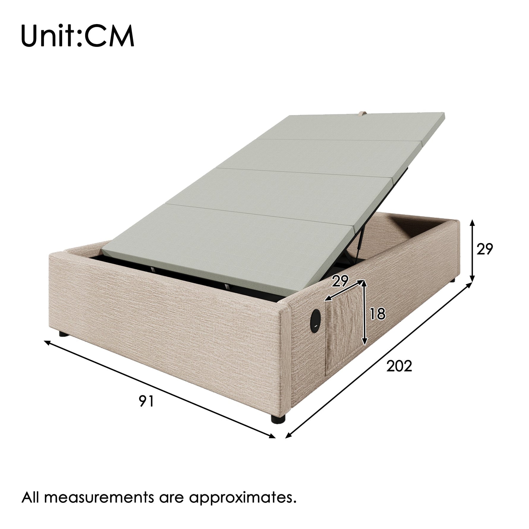 Upholstered Single Bed 90×200 cm Storage Frame USB-C Slatted Base, Linen Natural