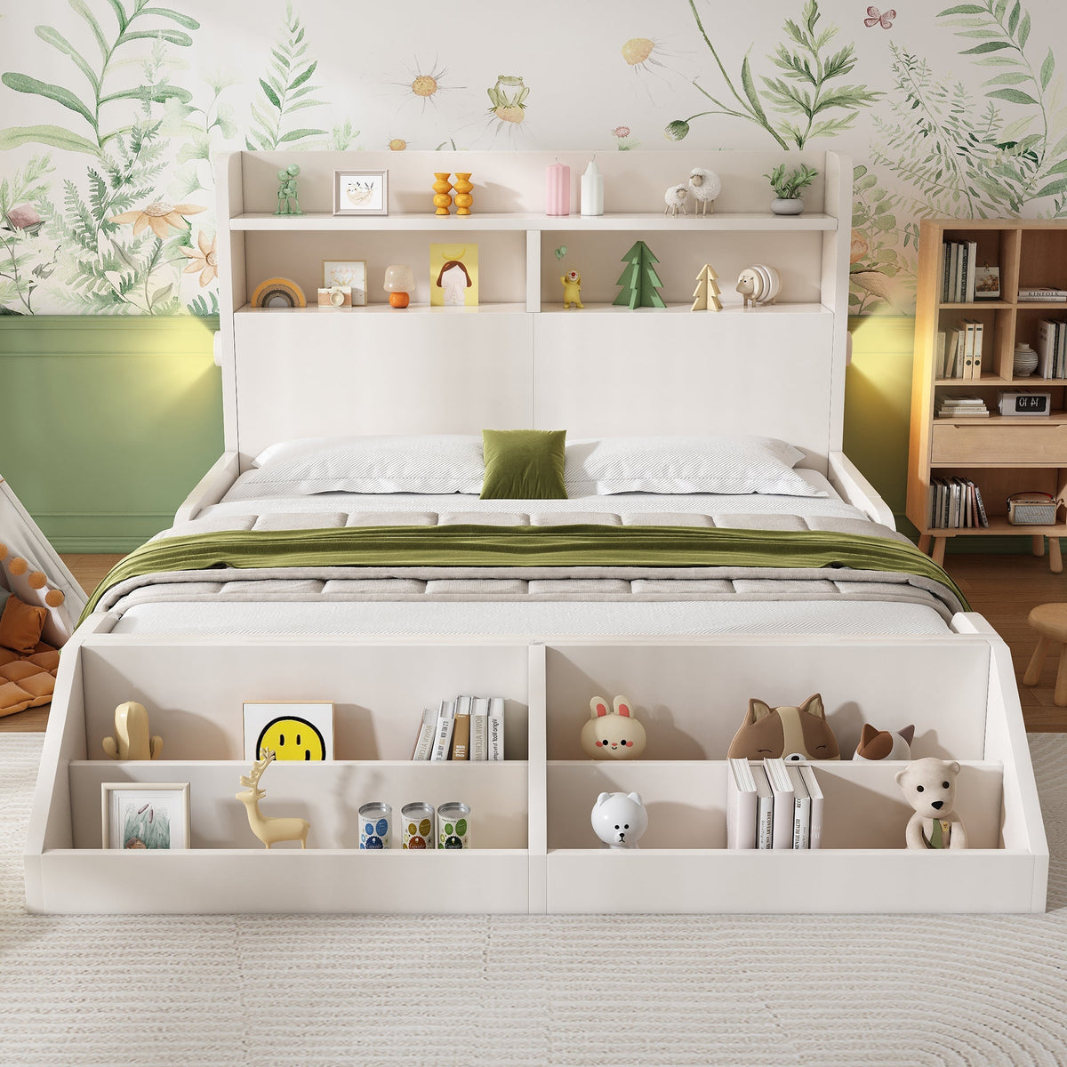 Wooden Double Bed 140x200cm Youth Bed with Shelves Nightlights Bookshelf Pure White