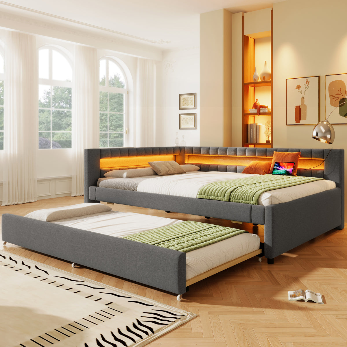 Daybed Sofa Bed 140x200cm with LED Light & Trundle, Grey Linen