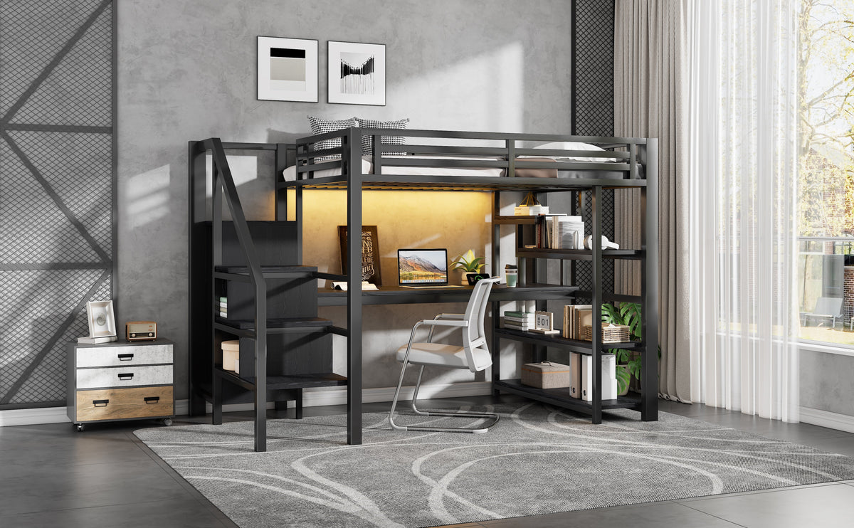 Metal Loft Bed 140x200cm with Stairs, Integrated Desk, Wardrobe, USB Charging and LED Lighting, Black