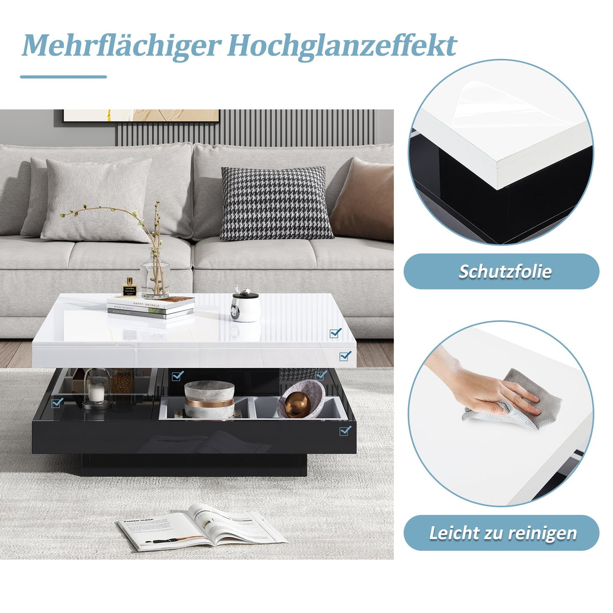 High-gloss tabletop coffee table, 360° rotatable, 2-tier with storage, white and black