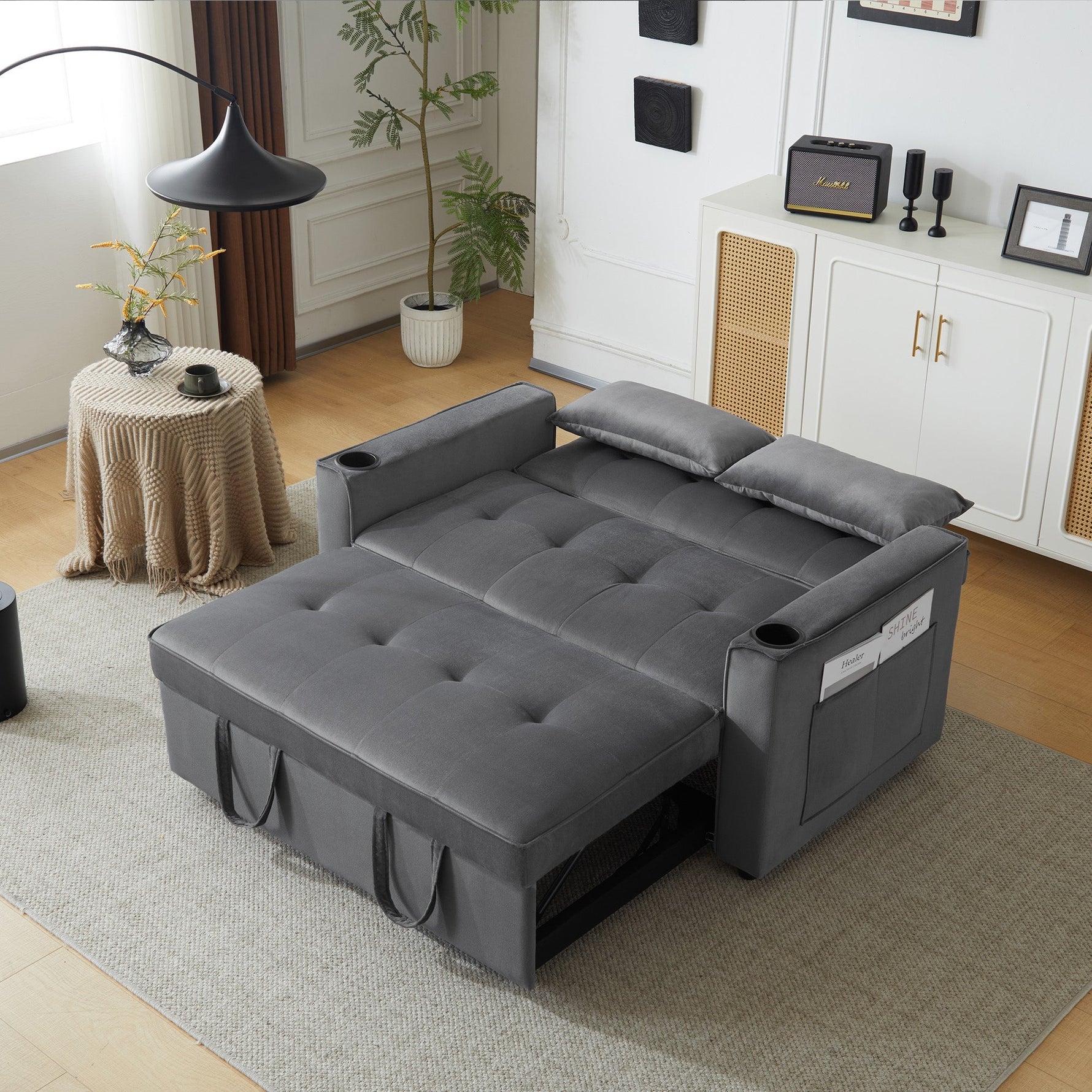 Foldable Sofa Bed, Multifunctional Sleeping Function Cup Holder Cushions