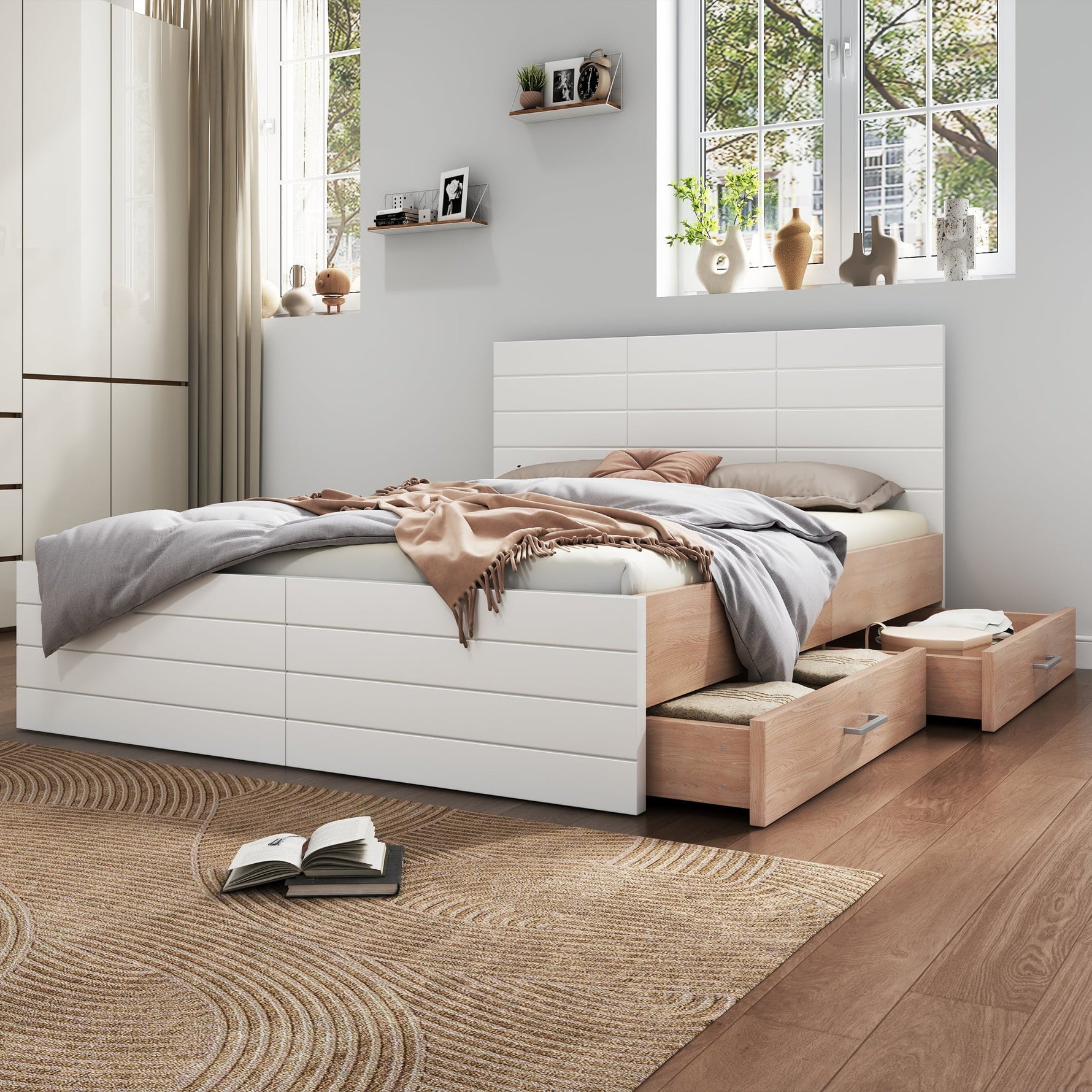 Double Bed 160x200cm, Modern Wooden Frame with 2 Drawers, Oak/White