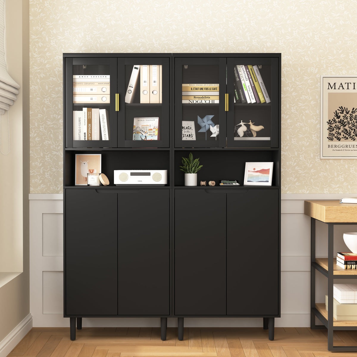 Tall Bookcase 4-Door Storage with Tempered Glass and Adjustable Shelf - Black MDF