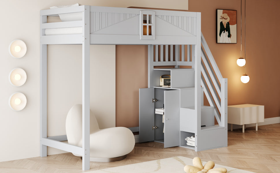Solid Wood Loft Bed with Safety Door and Storage Ladder, 90 x 200 cm, Grey