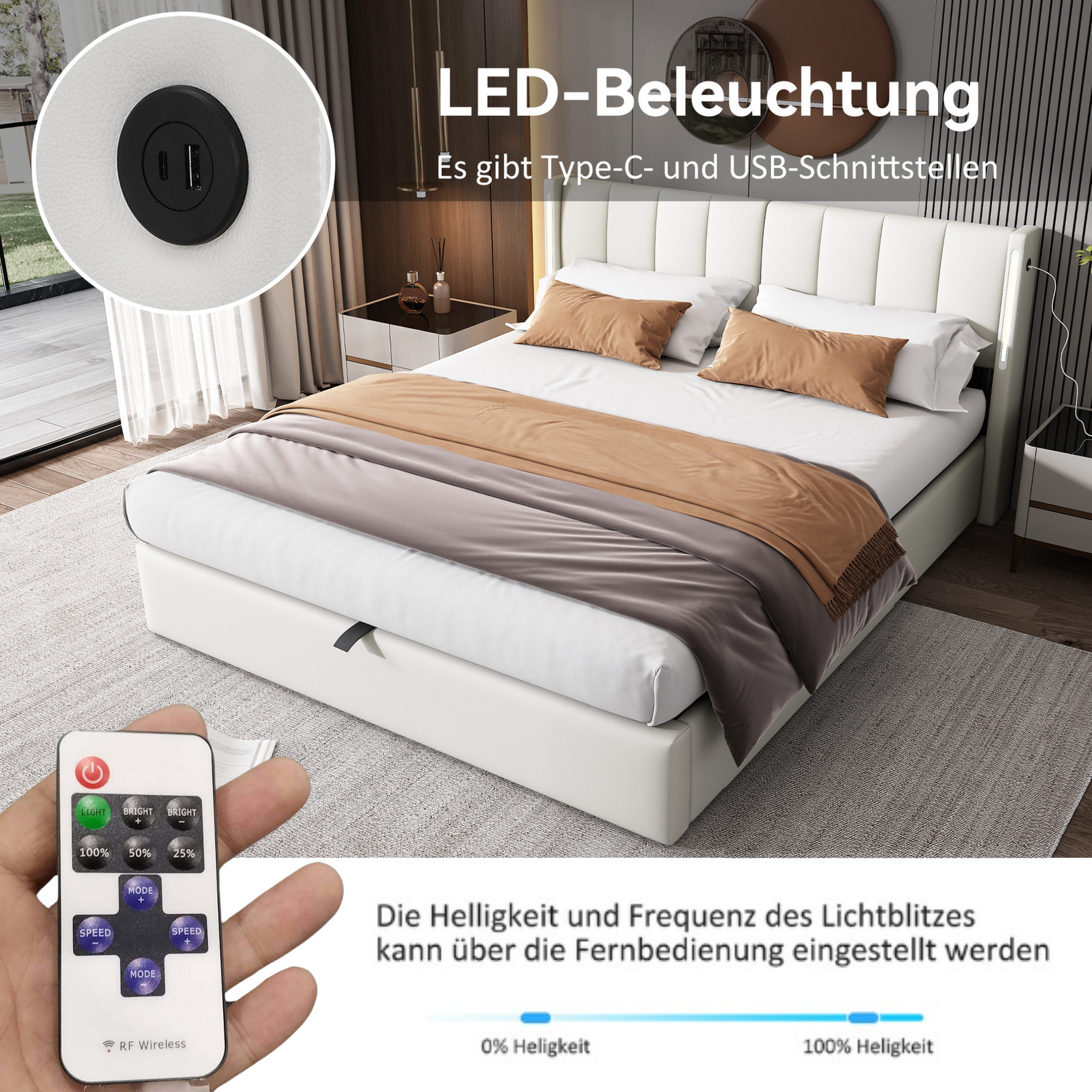 Binaural LED Upholstered Bed with Hydraulic Storage, USB Port and Adjustable Headboard, 180x200cm, White PU Pebble